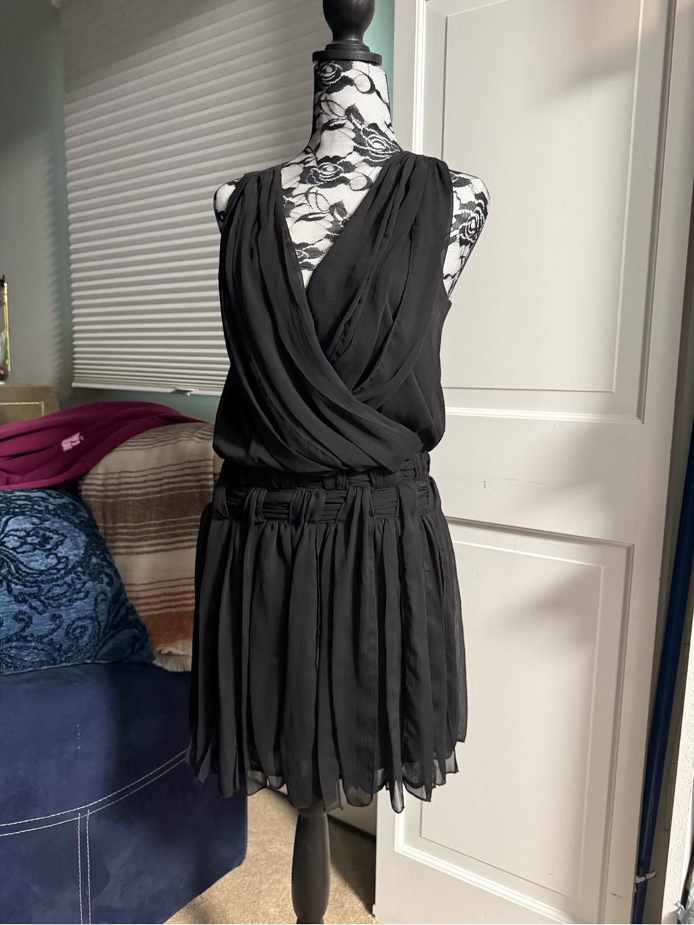 Bar III Black Draped V-Neck Pleated Mini Dress